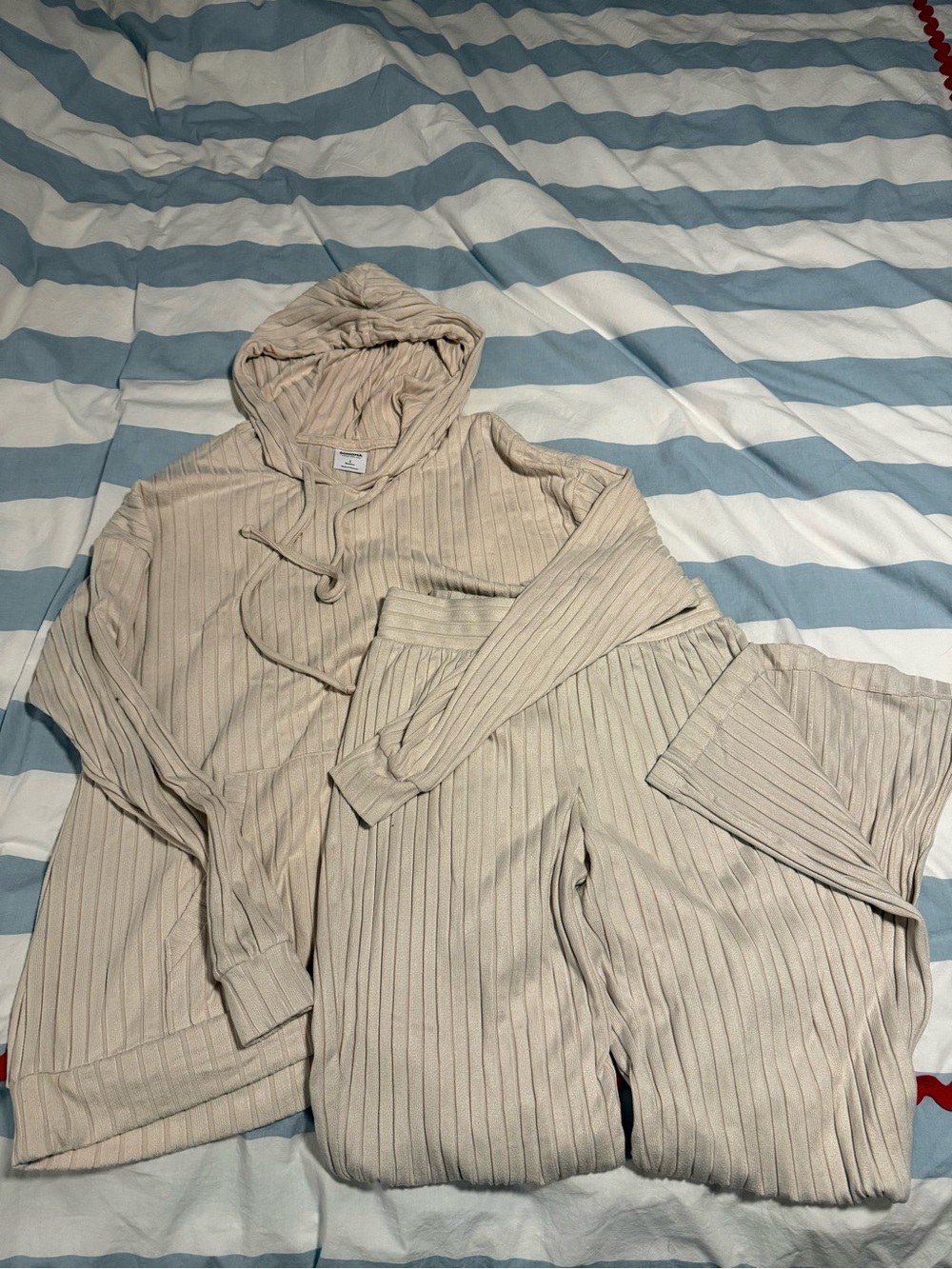 Sonoma Beige Ribbed Hooded Pajama Set